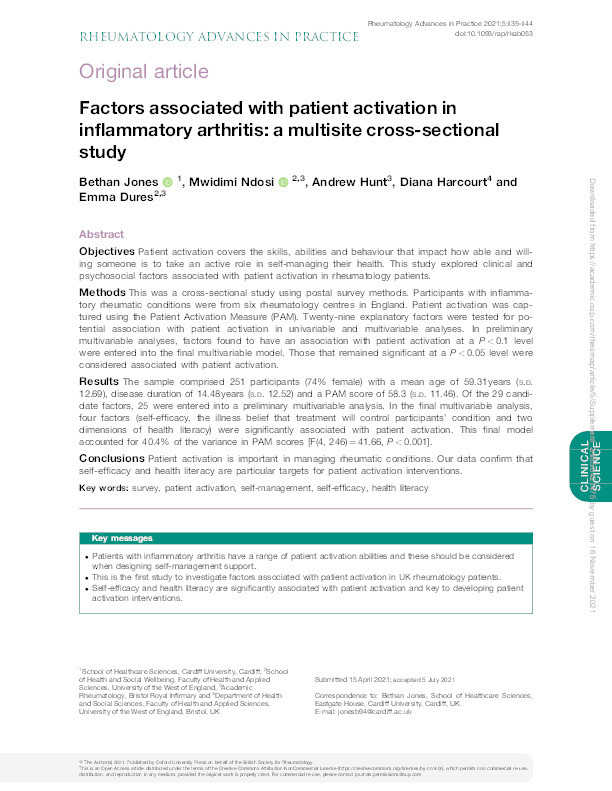 Factors associated with patient activation in inflammatory arthritis: A multisite cross-sectional study Thumbnail