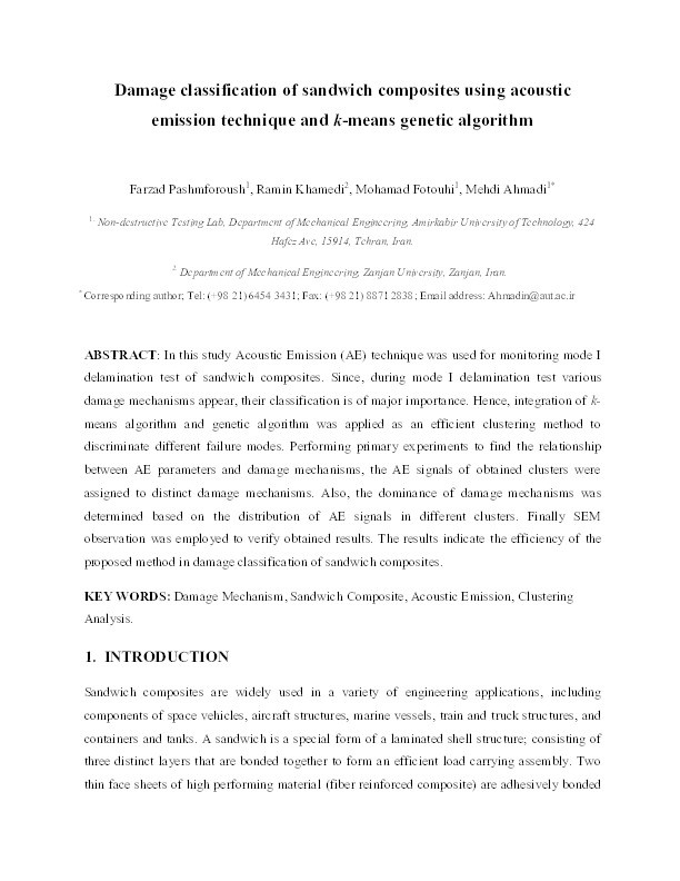 Damage Classification of Sandwich Composites Using Acoustic Emission Technique and k-means Genetic Algorithm Thumbnail
