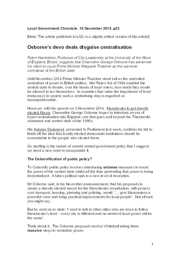 Osborne's devo deals disguise centralisation Thumbnail