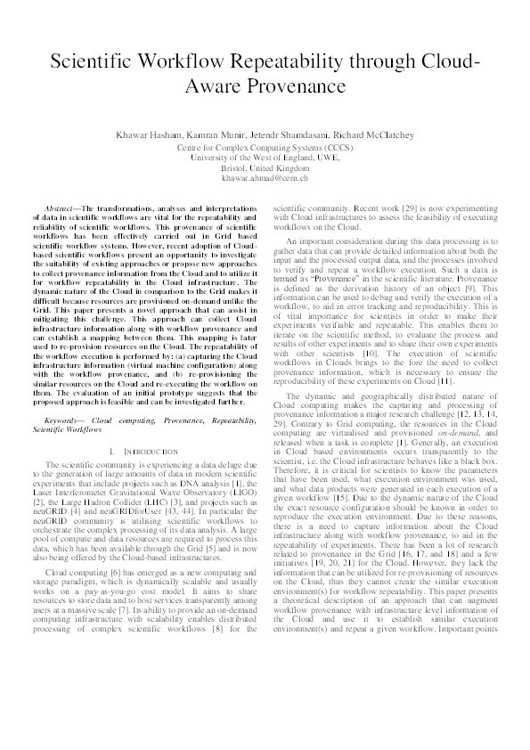 Scientific workflow repeatability through cloud-aware provenance Thumbnail