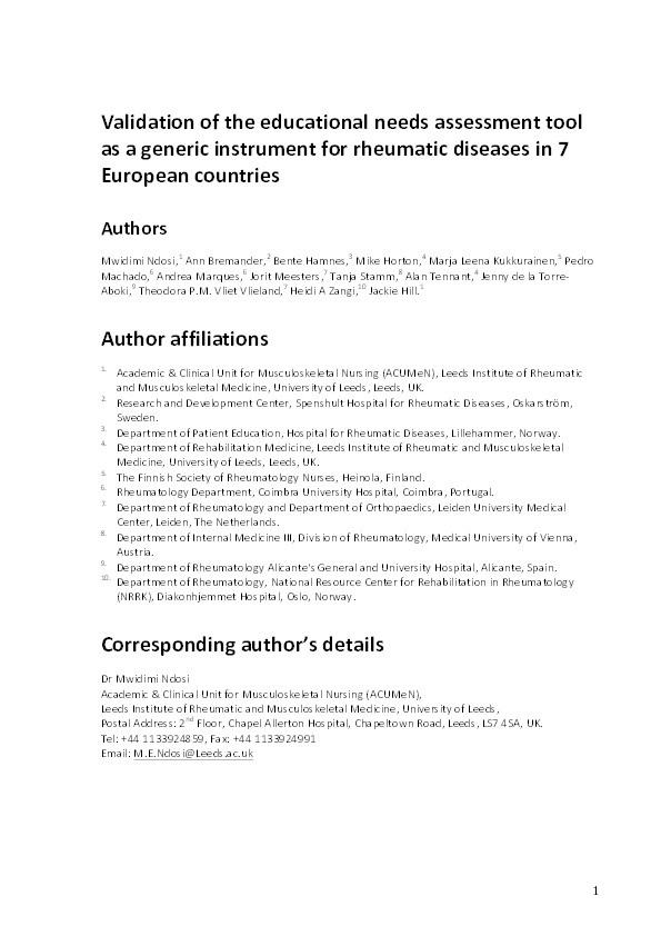 Validation of the educational needs assessment tool as a generic instrument for rheumatic diseases in seven European countries Thumbnail