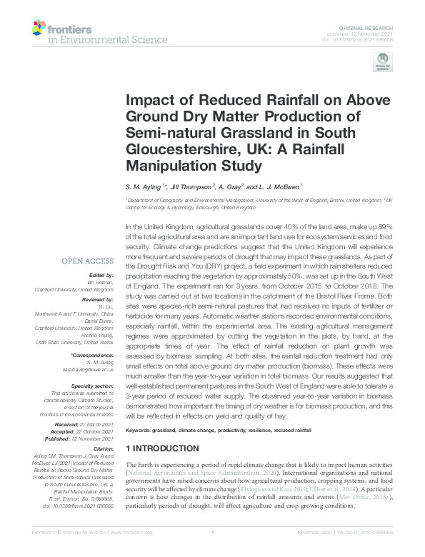 Impact of Reduced Rainfall on Above Ground Dry Matter Production of Semi-natural Grassland in South Gloucestershire, UK: A Rainfall Manipulation Study Thumbnail