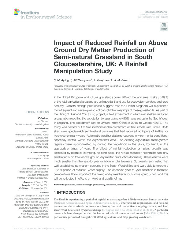 Impact of reduced rainfall on above ground dry matter production of semi-natural grassland in South Gloucestershire, UK: A rainfall manipulation study Thumbnail