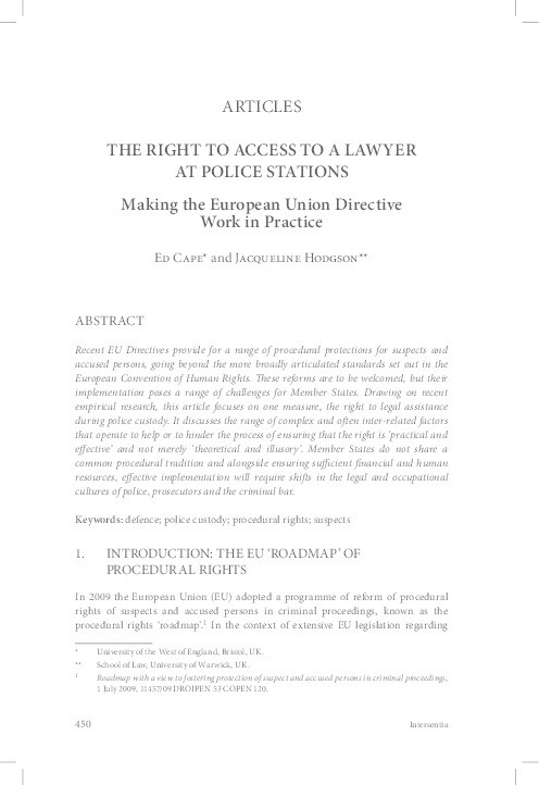 The right of access to a lawyer at police stations: Making the European Union directive work in practice Thumbnail