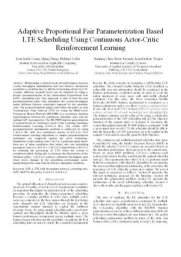 Adaptive proportional fair parameterization based LTE scheduling using continuous actor-critic reinforcement learning Thumbnail