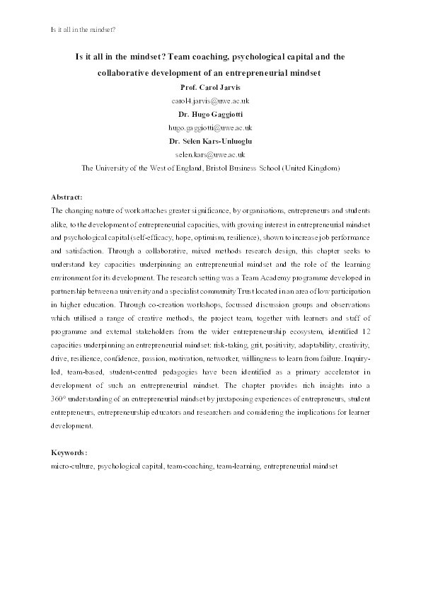 Is it all in the mindset? Team coaching, psychological capital and the collaborative development of an entrepreneurial mindset Thumbnail