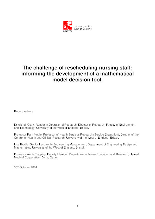 The challenge of rescheduling nursing staff: Informing the development of a mathematical model decision tool Thumbnail
