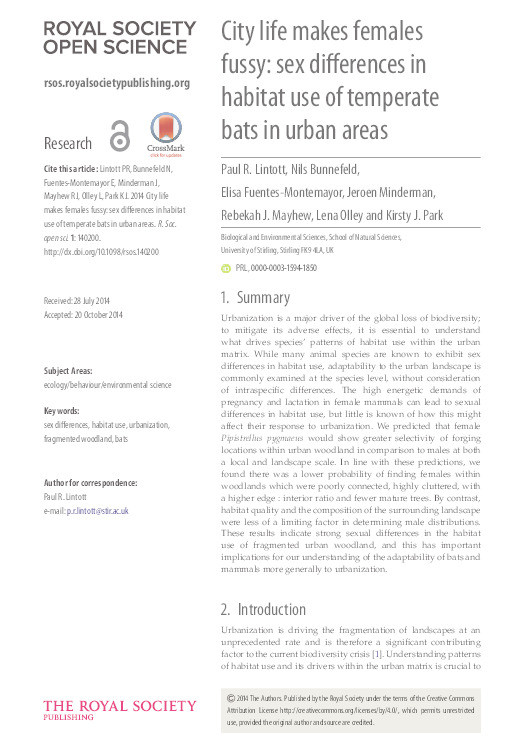 City life makes females fussy: Sex differences in habitat use of temperate bats in urban areas Thumbnail