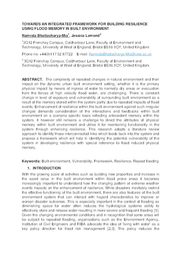 Towards an integrated framework for building resilience using flood memory in built environment Thumbnail