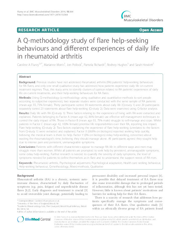 A Q-methodology study of flare help-seeking behaviours and different experiences of daily life in rheumatoid arthritis Thumbnail