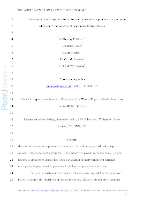 Development of new psychometric instruments to measure appearance distress during adolescence: The adolescent appearance distress scales Thumbnail