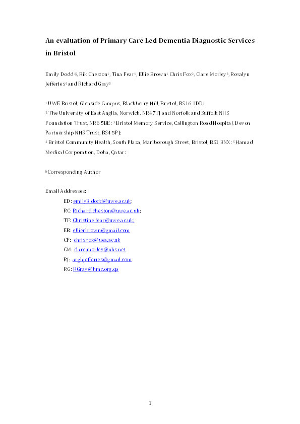 An evaluation of primary care led dementia diagnostic services in Bristol Thumbnail