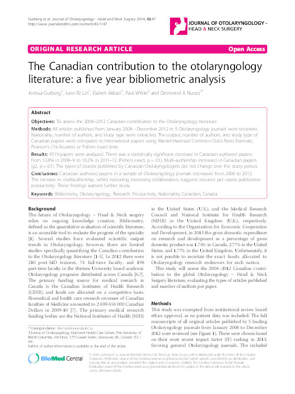 The Canadian contribution to the otolaryngology literature: A five year bibliometric analysis Thumbnail