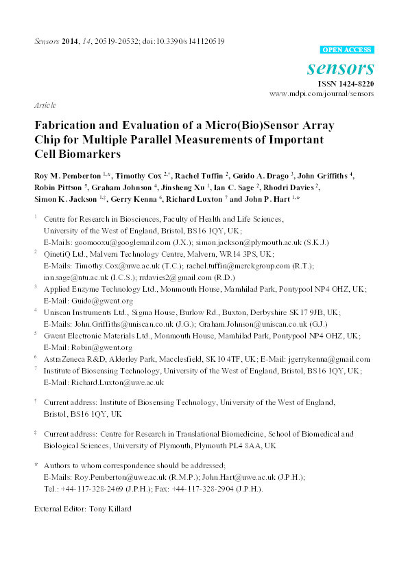 Fabrication and evaluation of a micro(bio)sensor array chip for multiple parallel measurements of important cell biomarkers Thumbnail
