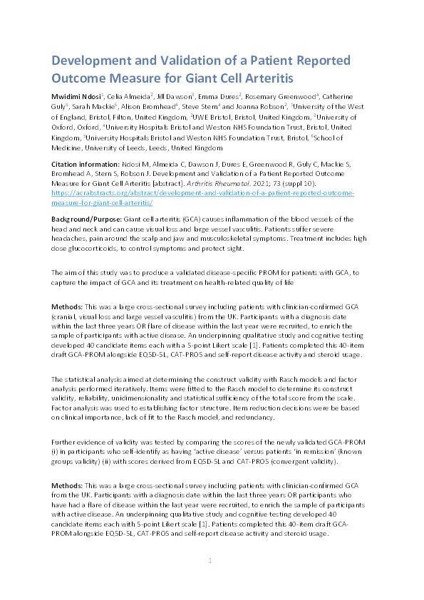 Development and validation of a patient reported outcome measure for giant cell arteritis Thumbnail