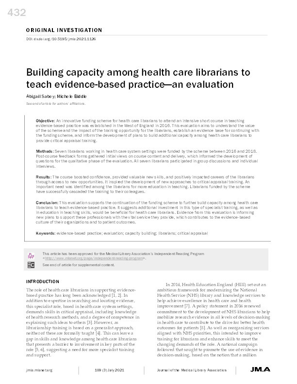 Building capacity among health care librarians to teach evidence-based practice—an evaluation Thumbnail
