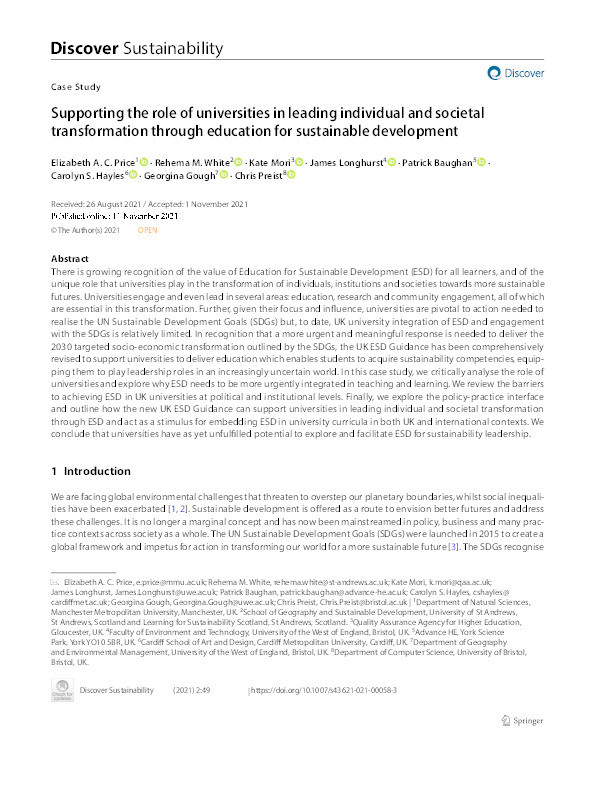 Supporting the role of universities in leading individual and societal transformation through education for sustainable development Thumbnail