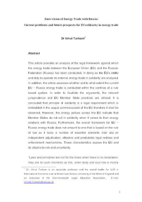 Euro‐vision of energy trade with Russia: Current problems and future prospects for EU solidarity in energy trade Thumbnail