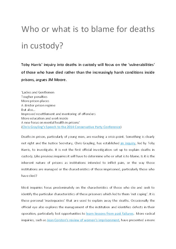 Who or what is to blame for deaths in custody? Thumbnail