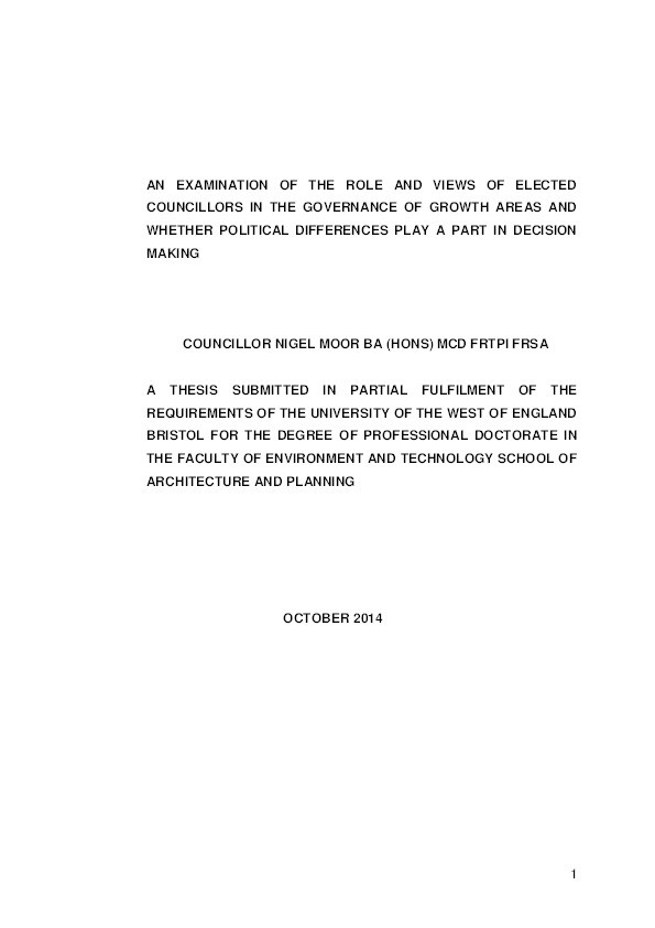 An examination of the role and views of elected councillors in the governance of growth areas and whether political differences play a part in decision making Thumbnail