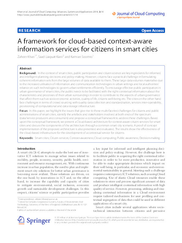 A framework for cloud-based context-aware information services for citizens in smart cities Thumbnail