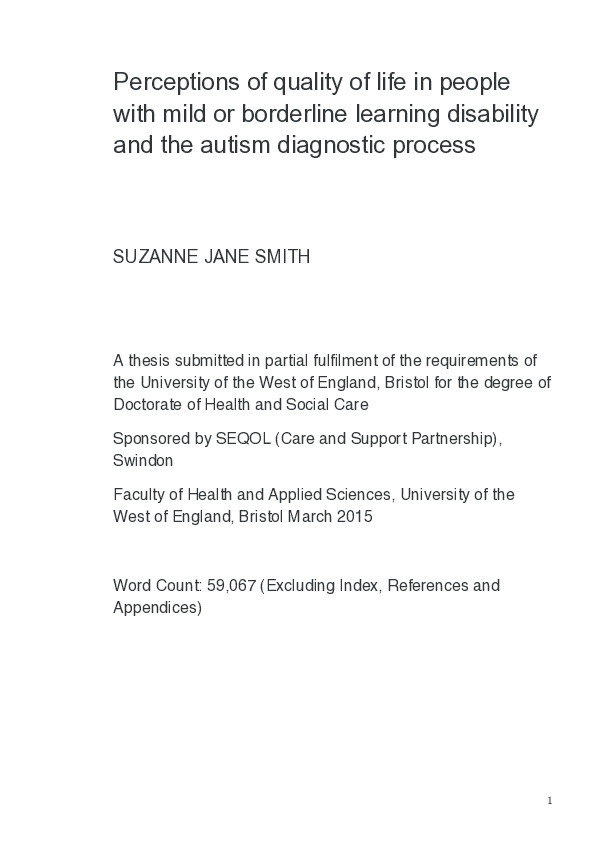 Perceptions of quality of life in people with mild and borderline learning disability and the autism diagnostic process Thumbnail