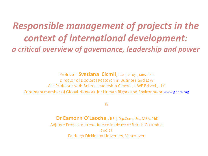 Responsible management of projects in the context of international development: A critical overview of governance, leadership and power Thumbnail