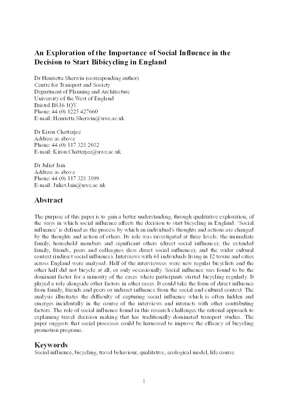 An exploration of the importance of social influence in the decision to start bicycling in England Thumbnail