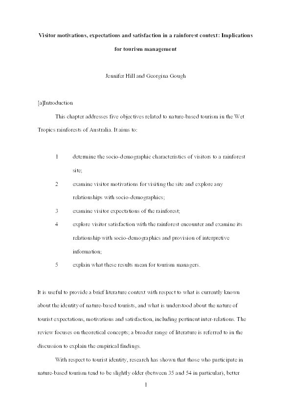 Visitor motivations, expectations and satisfaction in a rainforest context: Implications for tourism management Thumbnail