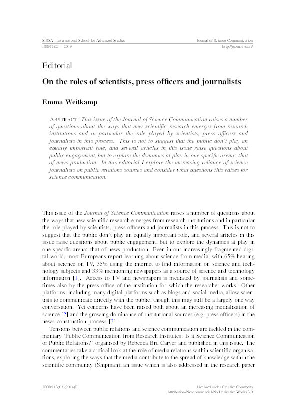 On the roles of scientists, press officers and journalists Thumbnail