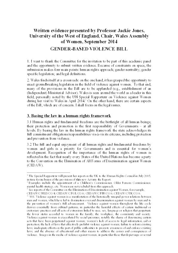 Written submission to the National Assembly for Wales on the Gender-Based Violence Bill September 2014 Thumbnail