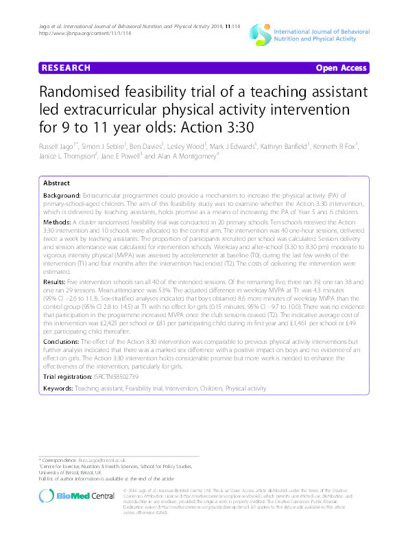 Randomised feasibility trial of a teaching assistant led extracurricular physical activity intervention for 9 to 11year olds: Action 3:30 Thumbnail
