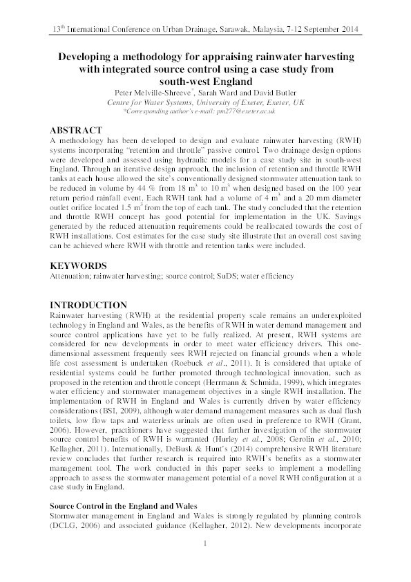 Developing a methodology for appraising rainwater harvesting with integrated source control using a case study from South-West England Thumbnail