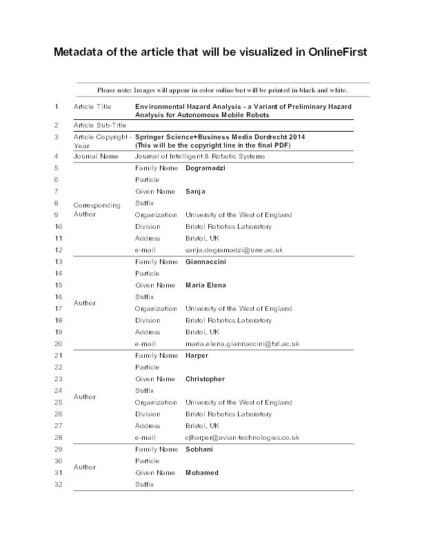 Environmental Hazard Analysis - a Variant of Preliminary Hazard Analysis for Autonomous Mobile Robots Thumbnail