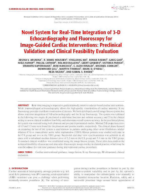 Novel system for real-time integration of 3-D echocardiography and fluoroscopy for image-guided cardiac interventions: Preclinical validation and clinical feasibility evaluation Thumbnail