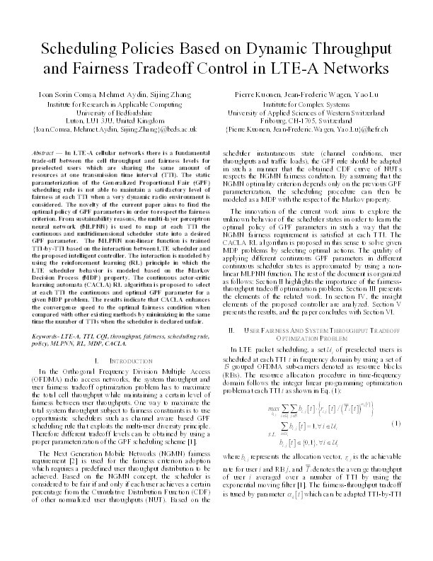 Scheduling policies based on dynamic throughput and fairness tradeoff control in LTE-A networks Thumbnail