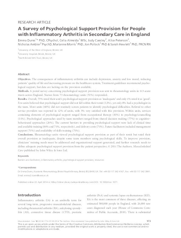A survey of psychological support provision for people with inflammatory arthritis in secondary care in England Thumbnail