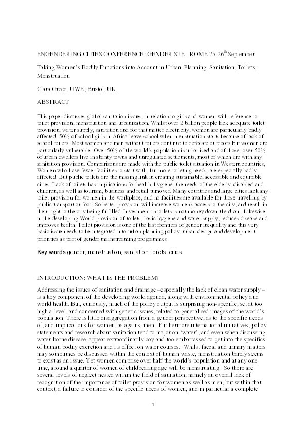 Taking women's bodily functions into account in urban planning: Sanitation, toilets, menstruation and biological differences Thumbnail