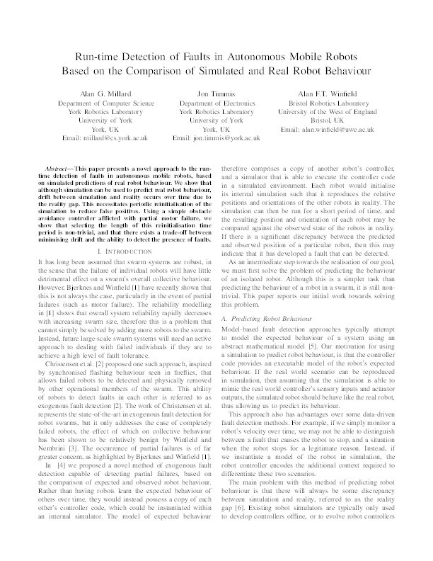 Run-time detection of faults in autonomous mobile robots based on the comparison of simulated and real robot behaviour Thumbnail