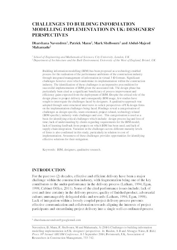 Challenges to building information modelling implementation in UK: Designers' perspectives Thumbnail