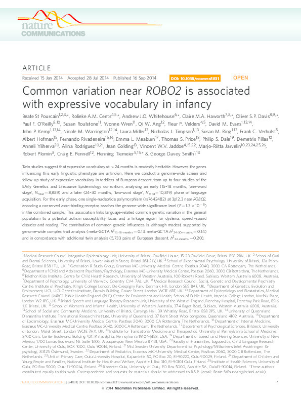 Common variation near ROBO2 is associated with expressive vocabulary in infancy Thumbnail