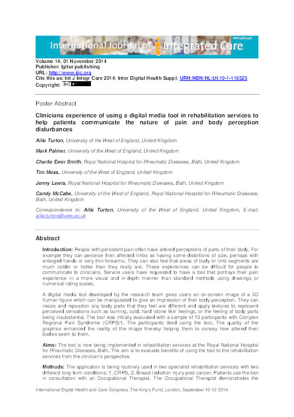 Clinicians experience of using a digital media tool in rehabilitation services to help patients communicate the nature of pain and body perception disturbances Thumbnail