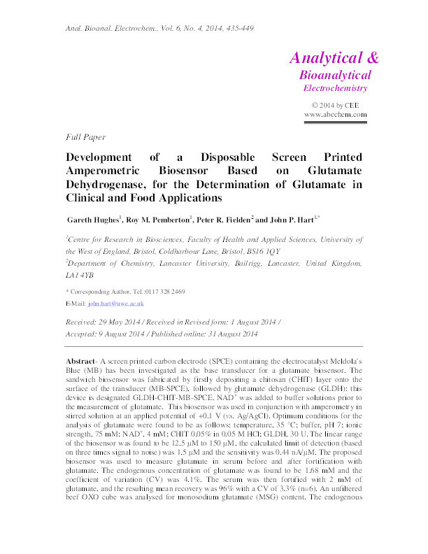 Development of a disposable screen-printed amperometric biosensor based on glutamate dehydrogenase, for the determination of glutamate in clinical and food applications Thumbnail