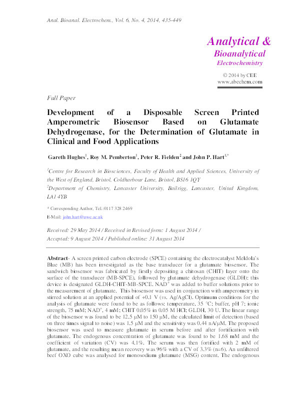 Development of a disposable screen-printed amperometric biosensor based on glutamate dehydrogenase, for the determination of glutamate in clinical and food applications Thumbnail