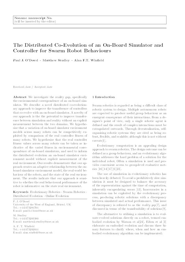 The distributed co-evolution of an on-board simulator and controller for swarm robot behaviours Thumbnail