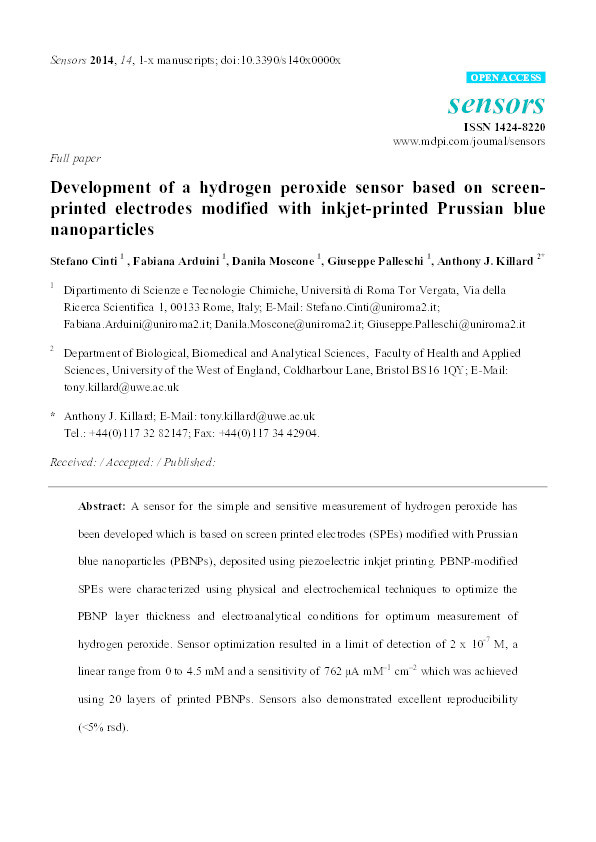 Development of a hydrogen peroxide sensor based on screen-printed electrodes modified with inkjet-printed prussian blue nanoparticles Thumbnail