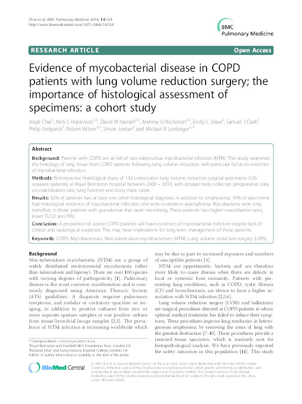 Evidence of mycobacterial disease in COPD patients with lung volume reduction surgery; the importance of histological assessment of specimens: A cohort study Thumbnail