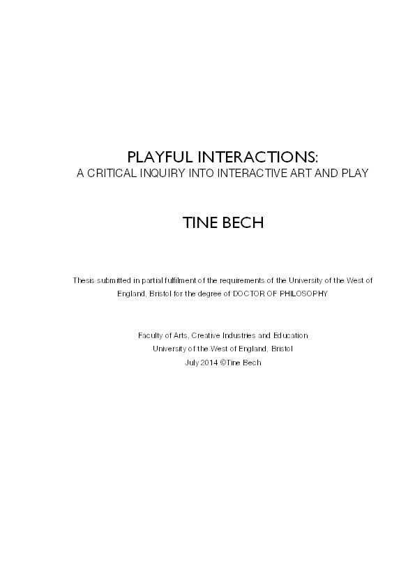 Playful interactions: A critical inquiry into interactive art and play Thumbnail