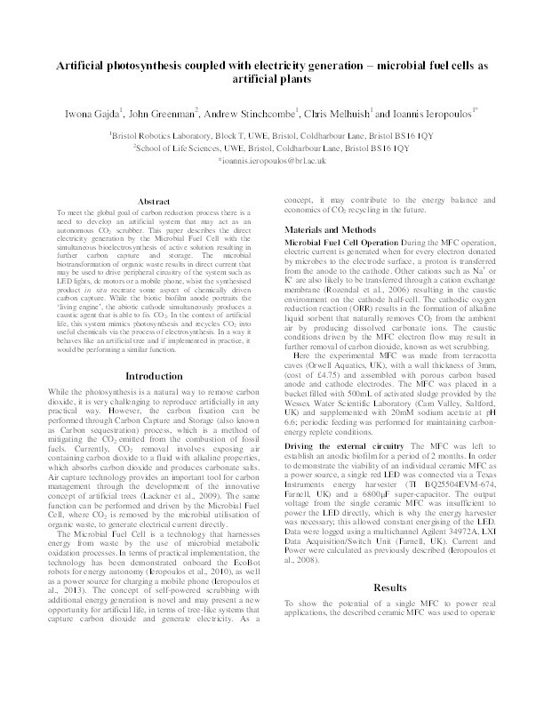 Artificial photosynthesis coupled with electricity generation - microbial fuel cells as artificial plants Thumbnail