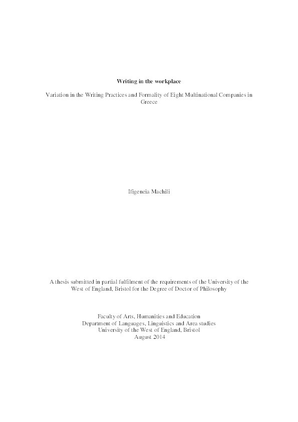 Writing in the workplace: Variation in the writing practices and formality of eight multinational companies in Greece Thumbnail
